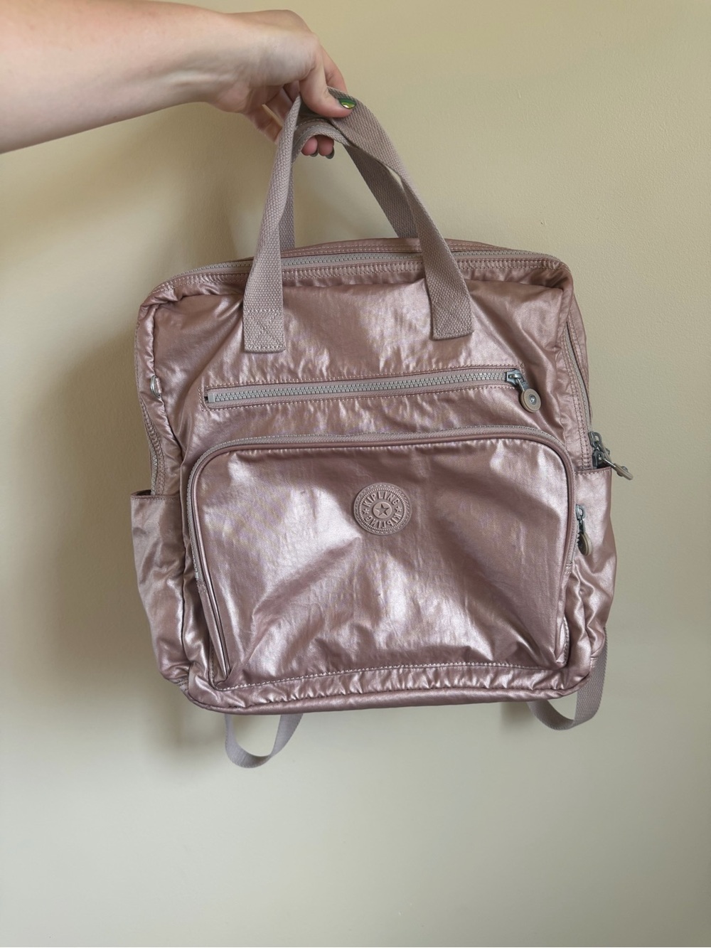 Kipling diaper bag metallic pink backpack